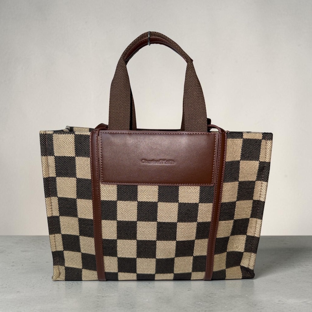 Charles & Keith Checkerboard Canvas Tote Bag Brown Tan Handbag Shoulder Bag